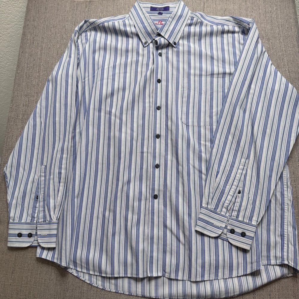 Alan Flusser Mens XXL Blue Grey Striped Cotton Button Down Long Sleeve Shirt